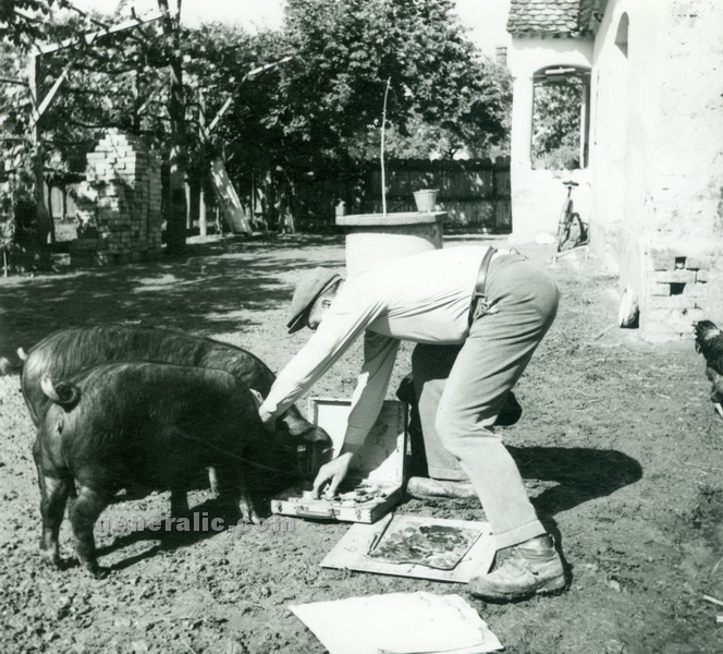 19550000 Ivan Generalic and pigs eating oil colours, Hlebine 1953, photo Milan Pavic (1)