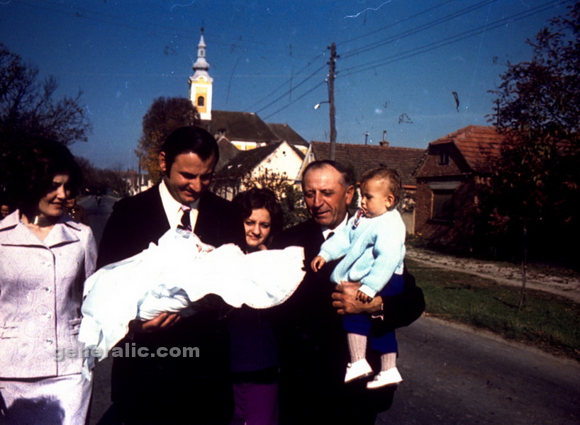 19710919 Christening Goran (09), Ivan Generalic, Josip and Mirjana with Goran, Hlebine 1971