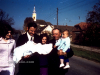 19710919 Christening Goran (09), Ivan Generalic, Josip and Mirjana with Goran, Hlebine 1971