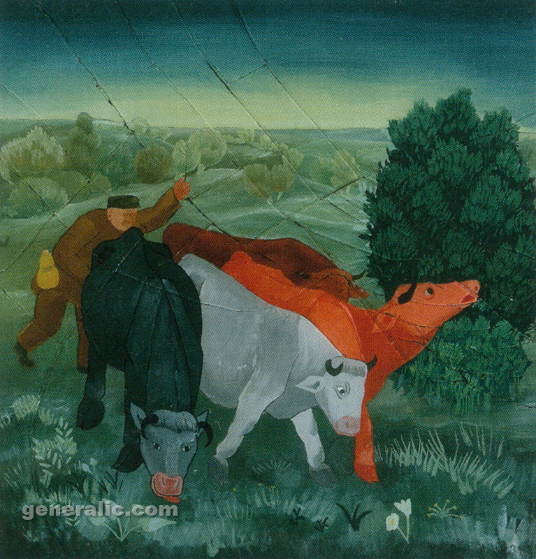 Ivan Generalic, 1938, Cows in the pasture, tempera on glass, 30x29 cm