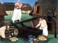 Ivan Generalić, 1940, Žene drobe tikve (Women crushing pumpkins), ulje na staklu (oil on glass), 31