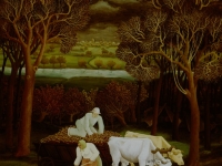 Ivan Generalić, 1943, Skupljanje lišća (Raking the leaves), ulje na staklu (oil on glass), 40x35 cm
