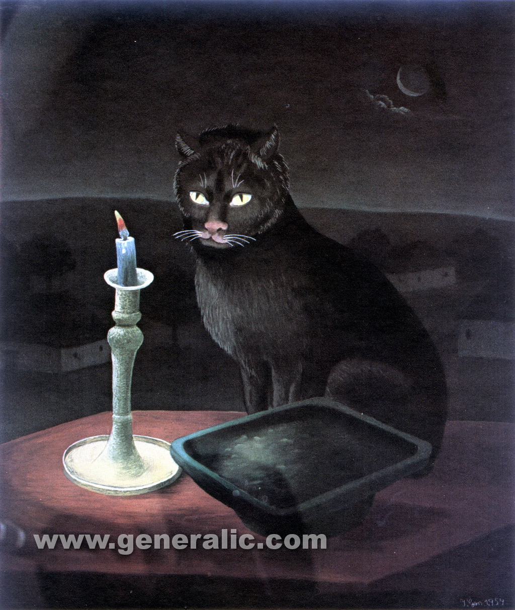 Ivan Generalic, 1954, Cat by candlelight, oil on glass, 42x36 cm