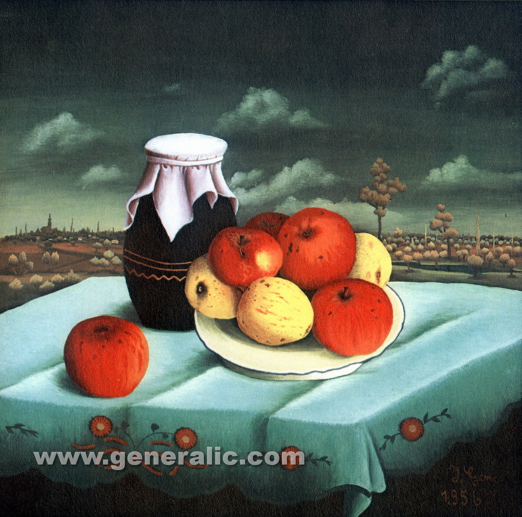 Ivan Generalic, 1956, Still life with apples, oil on glass, 54x54 cm