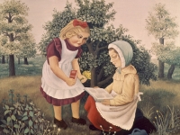 Ivan Generalic, 1952, Djevojcice uce (Girls studying), ulje na staklu (oil on glass), 59x59 cm