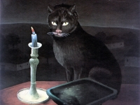 Ivan Generalic, 1954, Macka pored svijece (Cat by a candlelight), ulje na staklu (oil on glass), 42