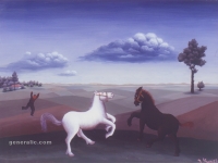 Ivan Generalic, 1956, Igra konja (Horses at play), ulje na staklu (oil on glass), 30x41 cm