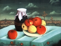 Ivan Generalic, 1956, Mrtva priroda s jabukama (Still life with apples), ulje na staklu (oil on gla