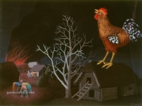 Ivan Generalić, 1956, Pijetao promatra požar (Rooster watching a fire), ulje na staklu (oil on glas