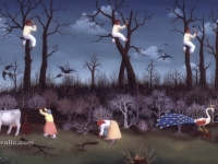 Ivan Generalic, 1959, Drvosjece (Woodcutters), ulje na staklu (oil on glass), 71x212 cm