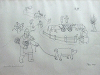 Ivan Generalic, 1959, Seljak sa svinjom (Peasant with a pig), olovka na papiru (pencil na papiru)