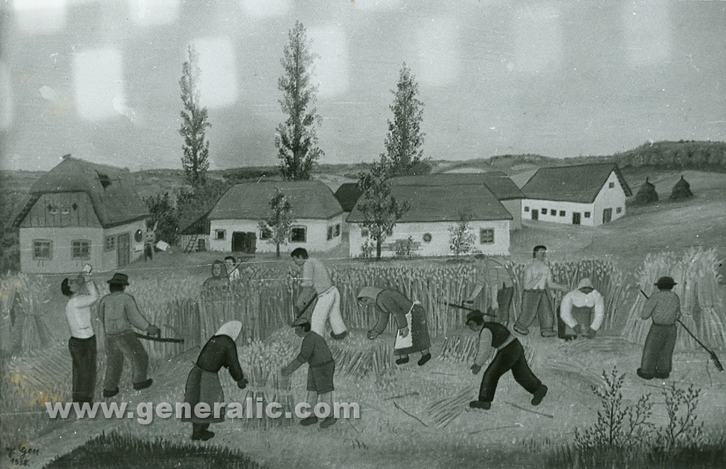 Josip Generalic, 1958, Mowing the hay, oil on glass