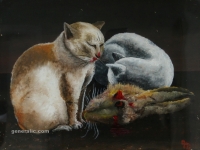 Josip Generalić, 1955, Mačke i zec (Cats and a rabbit), ulje na staklu (oil on glass), 28x36 cm