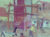 Josip Generalić, 1958, Gradnja kuće (Building a house), ulje na drvetu (oil on wood)