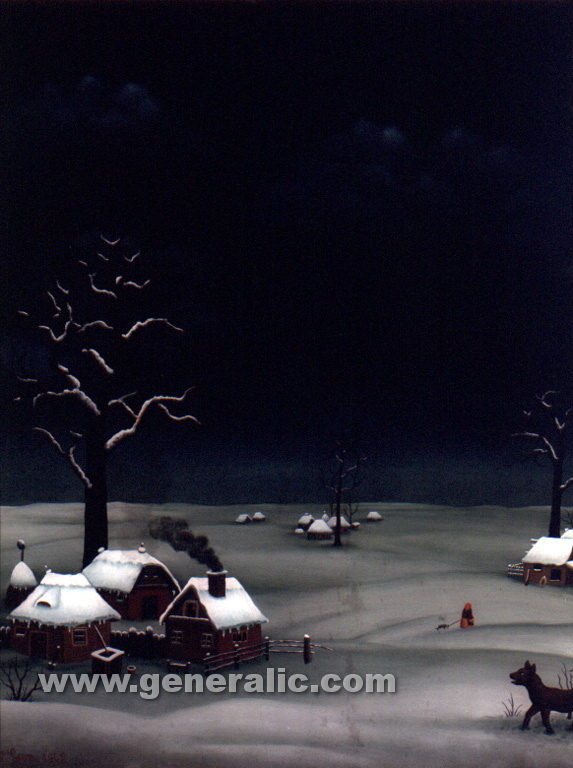 Ivan Generalic, 1968, Winter night in village, oil on glass