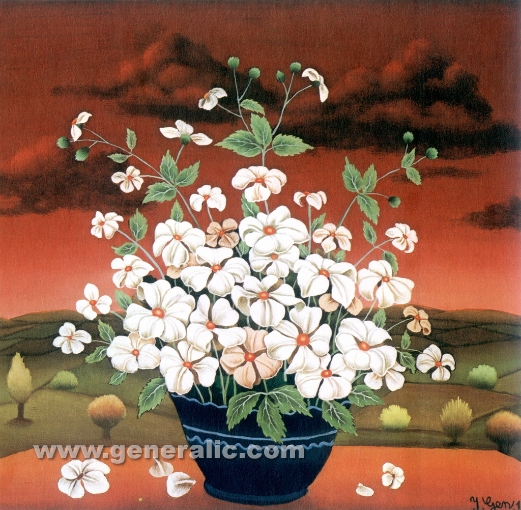 Ivan Generalic, 1969, White flowers, oil on glass
