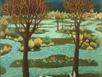 Ivan Generalic, 1960, Tri grlice (Three doves), ulje na staklu (oil on glass)