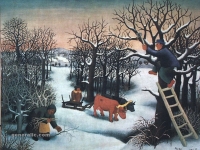 Ivan Generalic, 1961, Skupljanje drva (Gathering the wood), ulje na staklu (oil on glass) - razbije