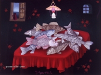 Ivan Generalic, 1962, Ribe na stolu (Fish on a table), ulje na staklu (oil on glass)