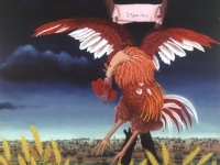 Ivan Generalic, 1964, Raspeti pevec (Crucified rooster), ulje na staklu (oil on glass), 100x84 cm