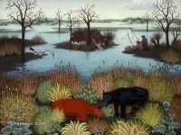 Ivan Generalić, 1964, Riječni pejzaž (River Landscape), ulje na staklu (oil on glass), 55x65 cm