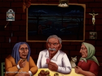 Ivan Generalic, 1965, Starci za stolom (Old people at the table), ulje na staklu (oil on glass)