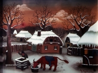 Ivan Generalic, 1966, Hranjenje krave zimi (Feeding a cow in winter), ulje na staklu (oil on glass)