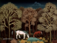 Ivan Generalic, 1966, Konji piju (Horses drinking), ulje na staklu (oil on glass)