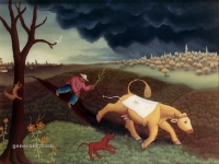 Ivan Generalic, 1966, Tjeranje krave (Chasing a cow), ulje na staklu (oil on glass)