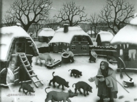 Ivan Generalić, 1966, Žena hrani svinje (Woman feeding pigs), ulje na staklu (oil on glass)