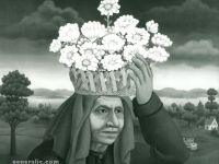 Ivan Generalić, 1966, Žena nosi cvijeće (Woman carrying flowers), ulje na staklu (oil on glass)