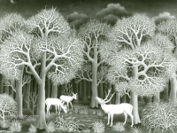 Ivan Generalic, 1967, Jeleni piju vodu (Deers drinking water), ulje na staklu (oil on glass)