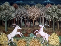 Ivan Generalić, 1967, Jeleni se igraju u šumi (Deers playing in forest), ulje na staklu (oil on glass)