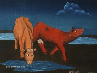 Ivan Generalic, 1967, Krave piju vodu (Cows drinking water), ulje na platnu (oil on canvas)