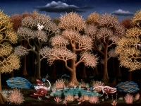 Ivan Generalic, 1967, Pauni piju vodu (Peacocks drinking water), ulje na staklu (oil on glass)