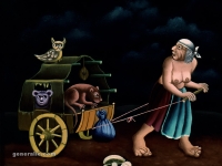 Ivan Generalic, 1967, Romkinja s kolima (Gypsy pulling a wagon), ulje na staklu (oil on glass)