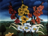 Ivan Generalic, 1968, Cvijece na stollu (Flowers on a table), ulje na staklu (oil on glass)