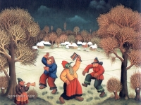 Ivan Generalić, 1969, Maškare (Masquerade), ulje na staklu (oil on glass)