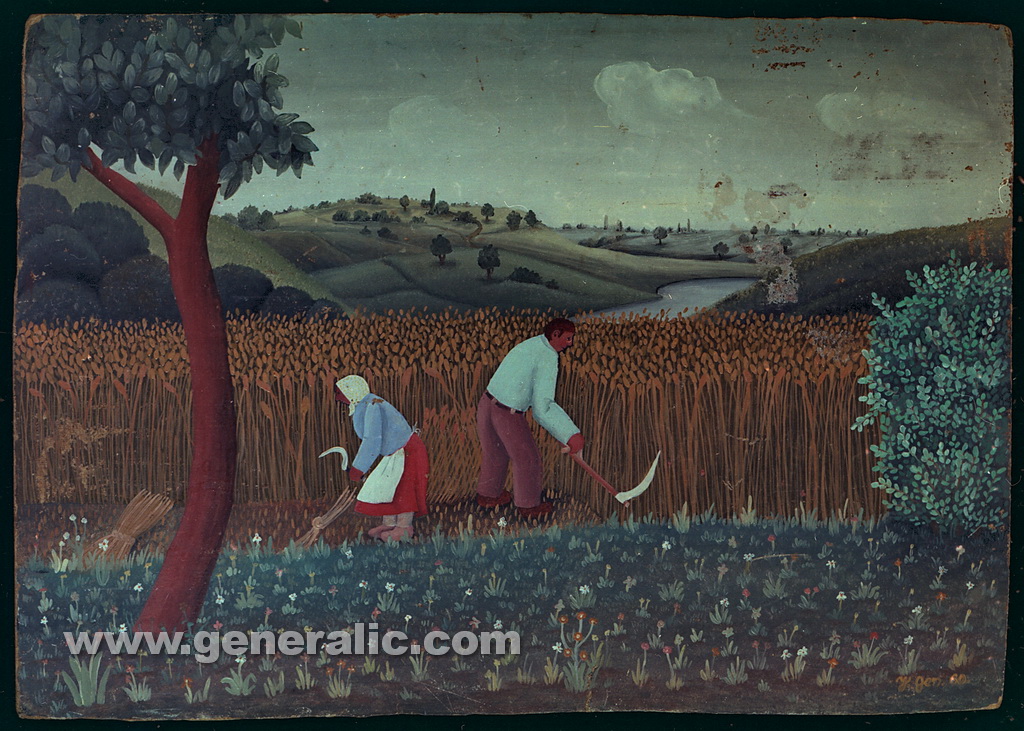 Josip Generalic, 1960, Mowing the hay, oil on wood