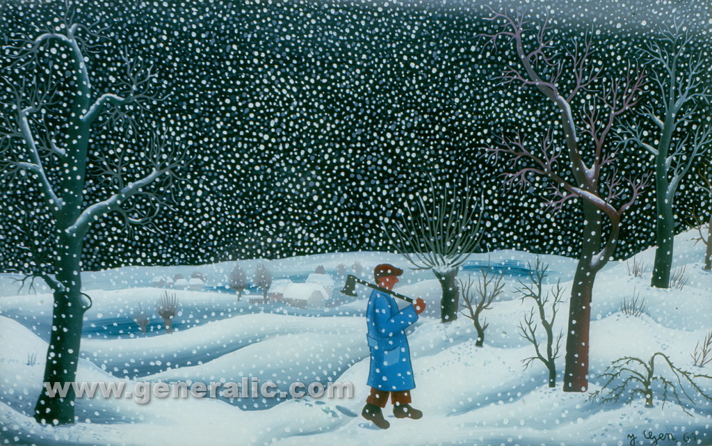 Josip Generalic, 1961, Snowing, oil on glass, 34x44 cm