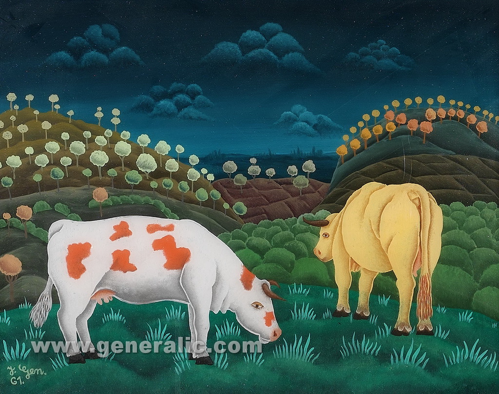 Josip Generalic, 1961, Two cows on a meadow, oil on glass