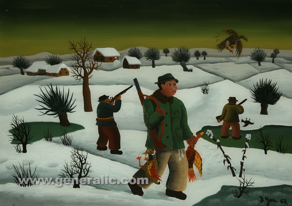 Josip Generalic, 1963, Hunters in winter, oil on glass, 30x42 cm