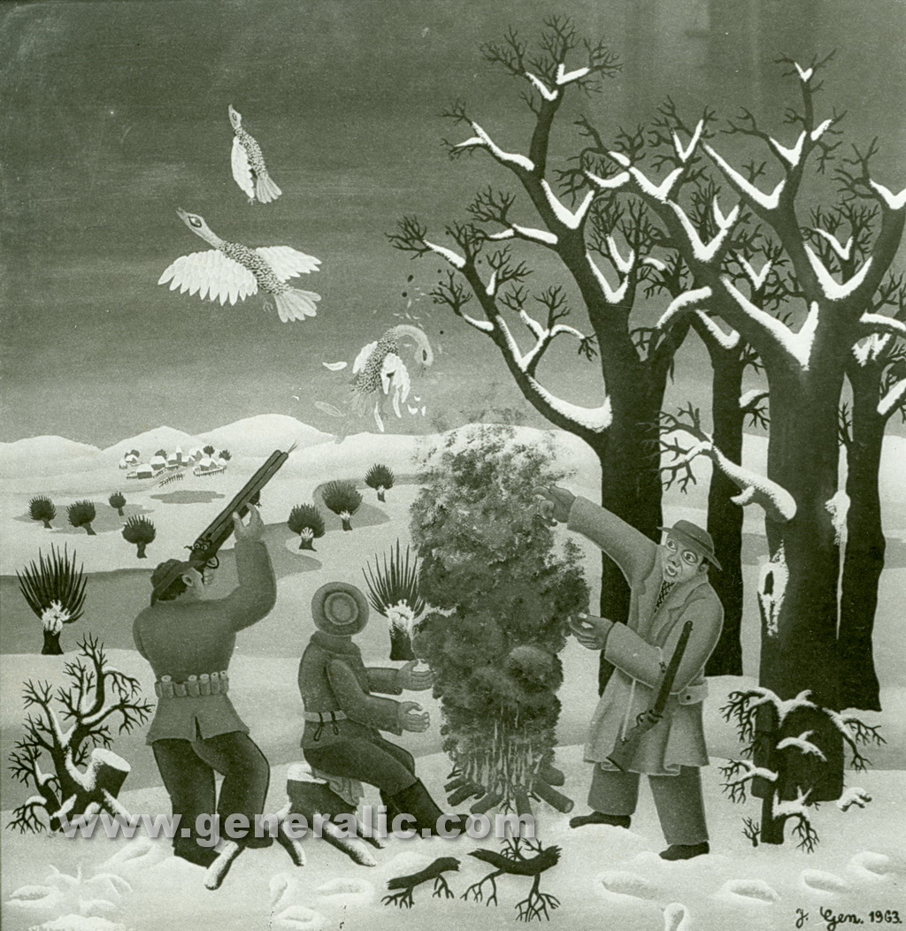 Josip Generalic, 1963, Hunters shooting on birds, oil on canvas