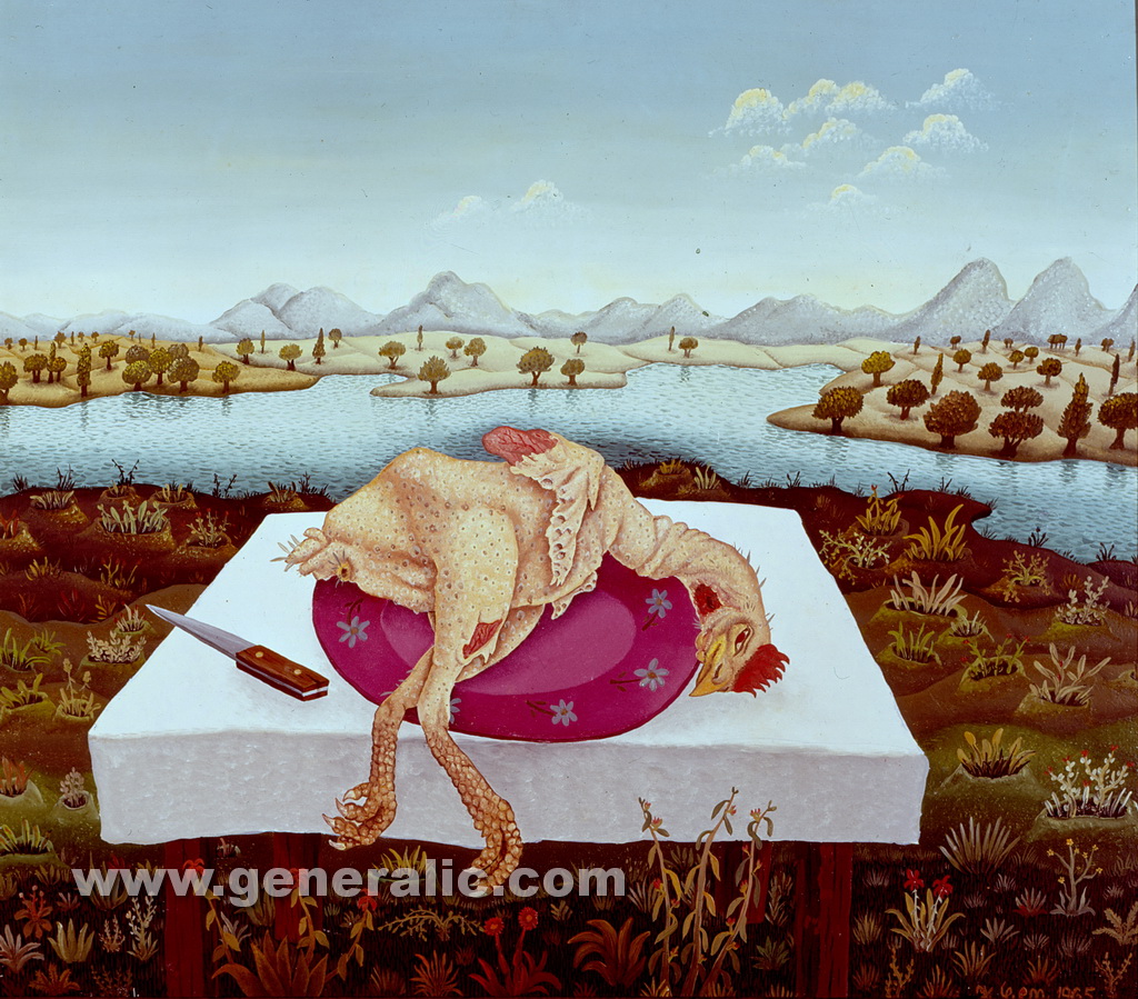 Josip Generalic, 1965, Plucked chicken on a table, oil on canvas