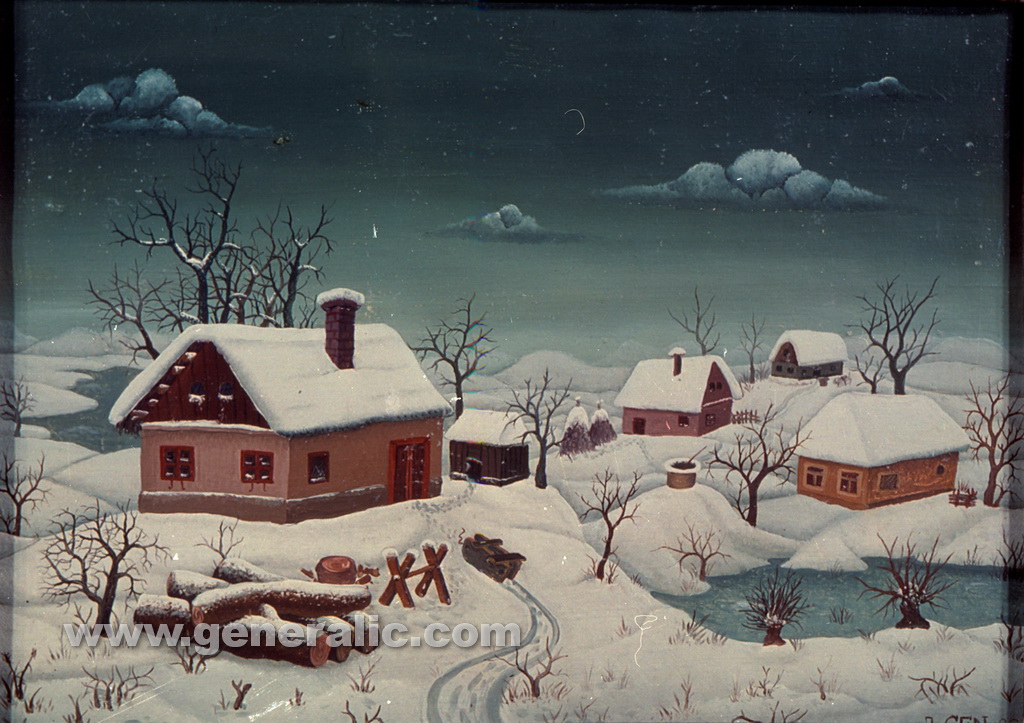 Josip Generalic, 1966, Winter with four houses, oil on canvas