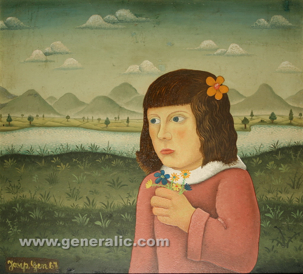 Josip-Generalic-1967-Girl-with-flowers-oil-on-canvas-49×53-cm-repaired