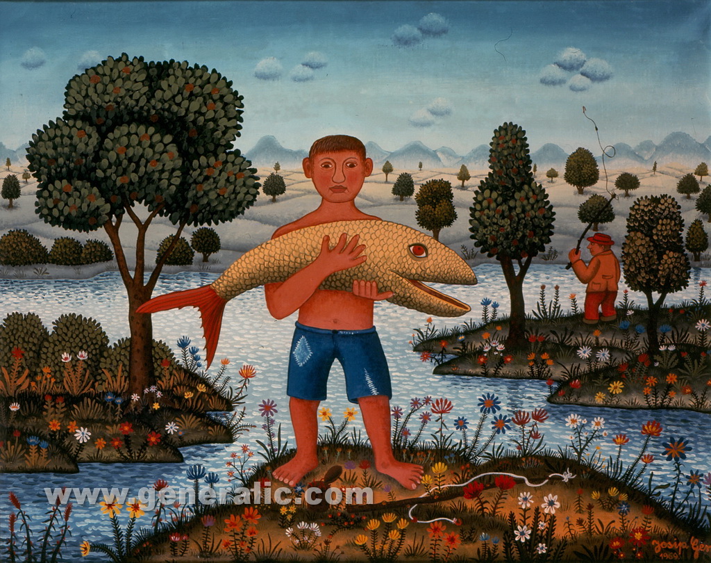 Josip Generalic, 1969, Boy with big fish, oil on canvas