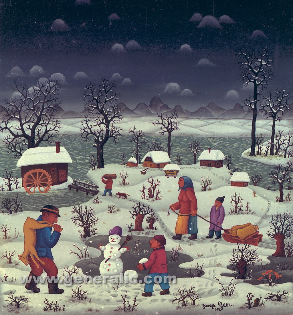 Josip Generalic, 1969, Winter with people, oil on canvas