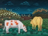 Josip Generalic, 1961, Dvije krave (Two cows), ulje na staklu (oil on glass)