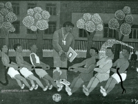 Josip Generalić, 1961, Povlačenje užeta (Tug of war), ulje na staklu (oil on glass)